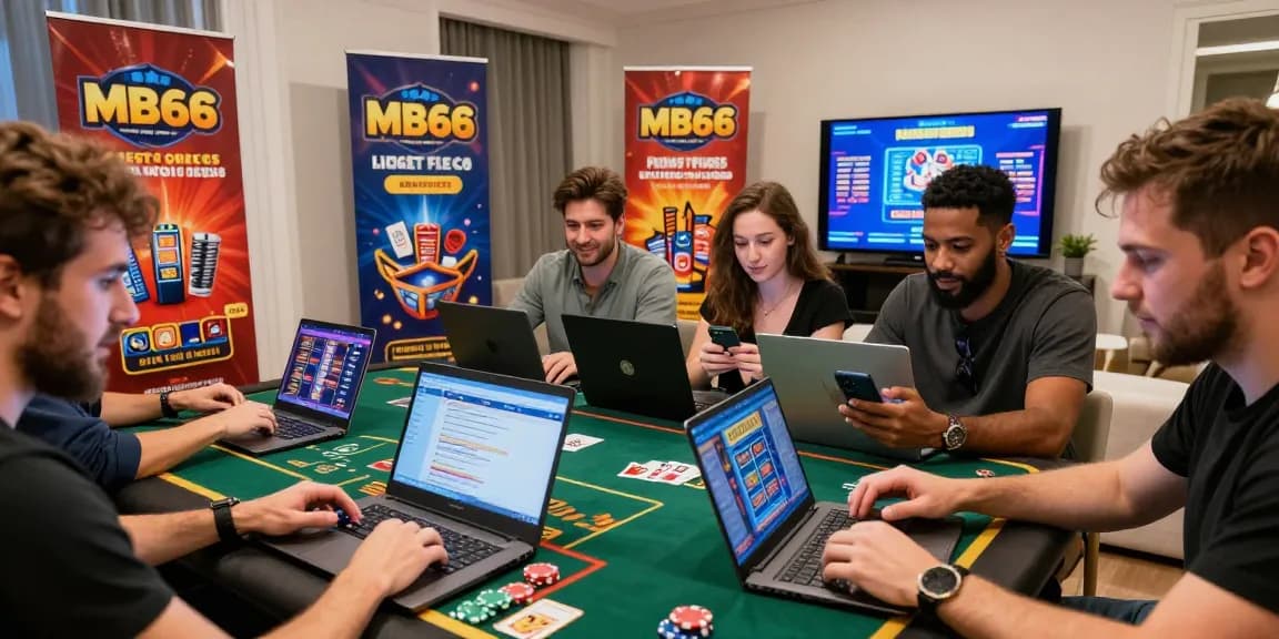 Friends enjoying online games at home through MB66, featuring laptops and vibrant promotions in a lively atmosphere.